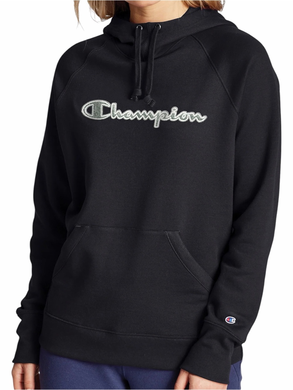 CHAMPION Black Powerblend Hoodie with Chainstitch Logo